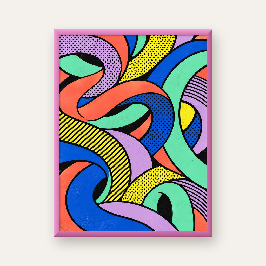 Renkli Pop Art Dalgalar Poster – Soyut Retro Duvar Dekoru — pembe çerçeveli