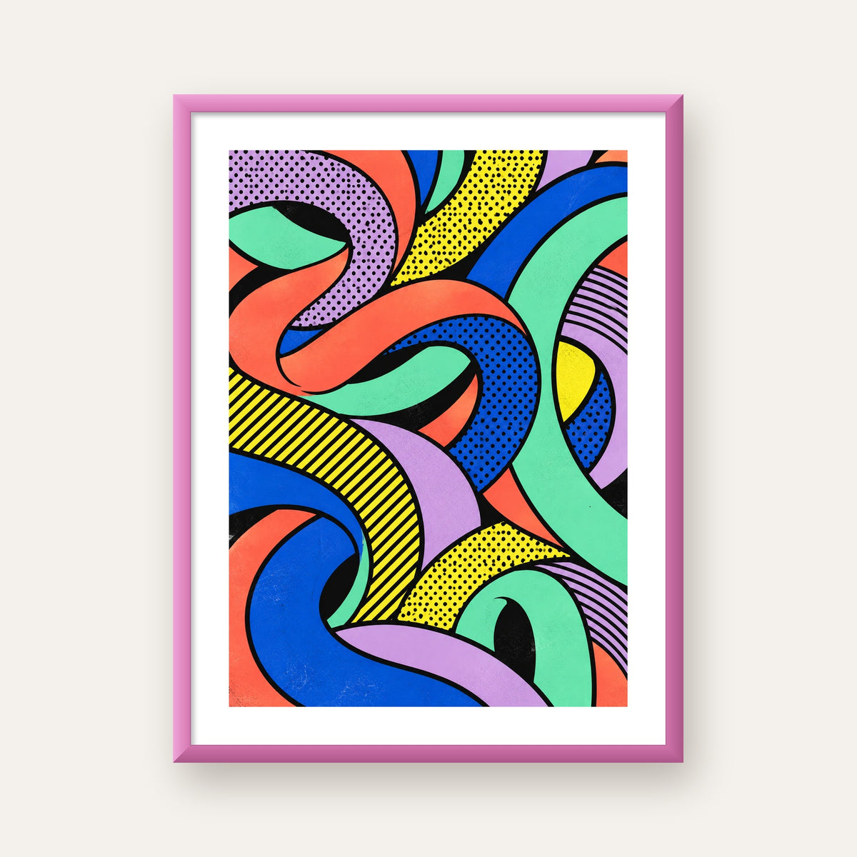 Renkli Pop Art Dalgalar Poster – Soyut Retro Duvar Dekoru — pembe çerçeveli paspartulu