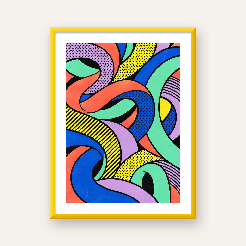 Renkli Pop Art Dalgalar Poster – Soyut Retro Duvar Dekoru — sarı çerçeveli paspartulu