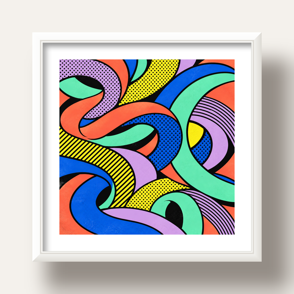 Renkli Pop Art Dalgalar Poster – Soyut Retro Duvar Dekoru — beyaz derin çerçeveli paspartulu