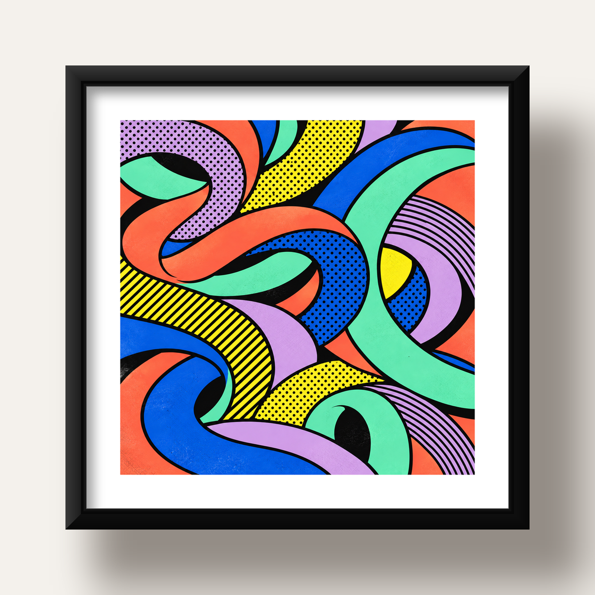 Renkli Pop Art Dalgalar Poster – Soyut Retro Duvar Dekoru — siyah derin çerçeveli paspartulu
