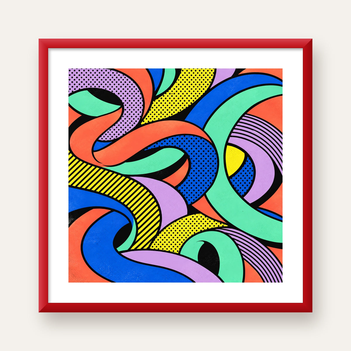 Renkli Pop Art Dalgalar Poster – Soyut Retro Duvar Dekoru — kırmızı çerçeveli paspartulu