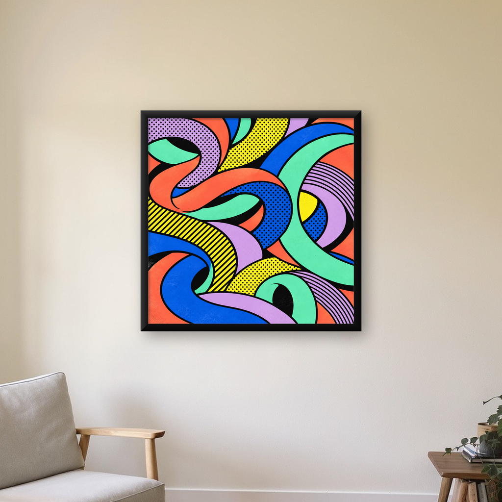 Renkli Pop Art Dalgalar Poster – Soyut Retro Duvar Dekoru — Kare baskı, çerçeveli hâliyle bir ev duvarında