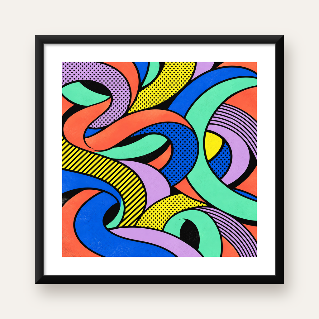 Renkli Pop Art Dalgalar Poster – Soyut Retro Duvar Dekoru — Kare baskı, beyaz paspartulu