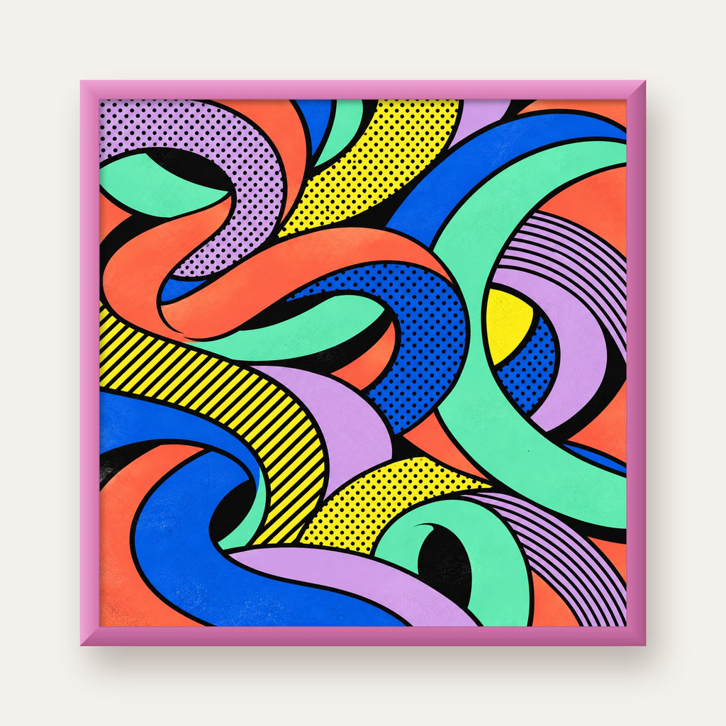 Renkli Pop Art Dalgalar Poster – Soyut Retro Duvar Dekoru — pembe çerçeveli