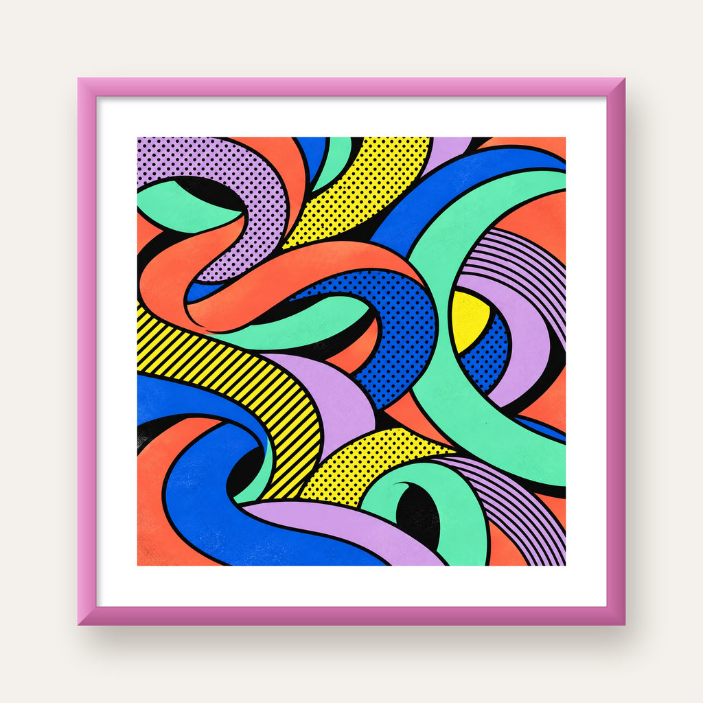 Renkli Pop Art Dalgalar Poster – Soyut Retro Duvar Dekoru — pembe çerçeveli paspartulu