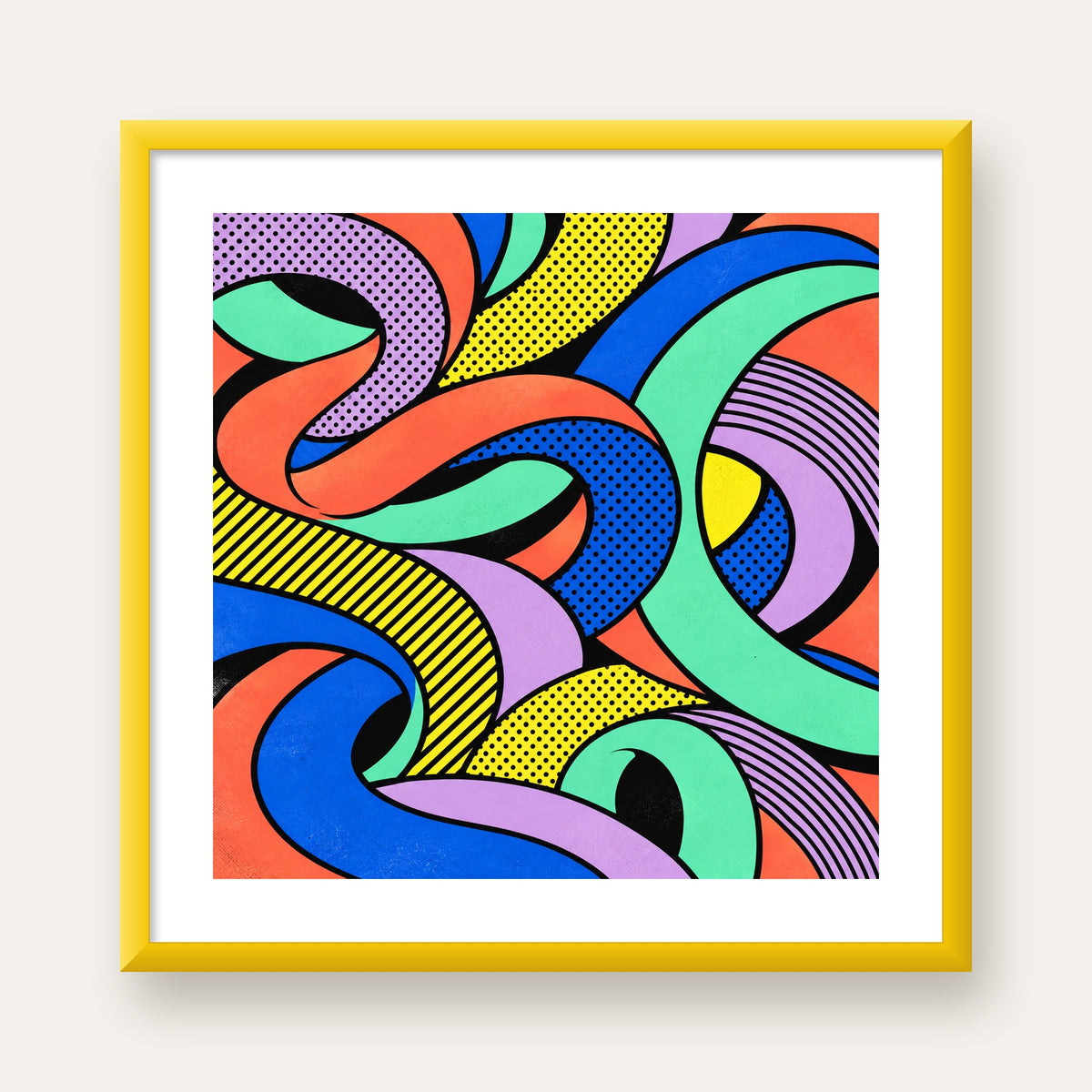Renkli Pop Art Dalgalar Poster – Soyut Retro Duvar Dekoru — sarı çerçeveli paspartulu