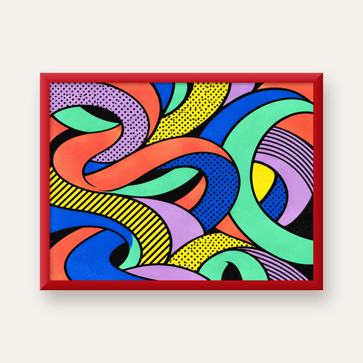 Renkli Pop Art Dalgalar Poster – Soyut Retro Duvar Dekoru — kırmızı çerçeveli