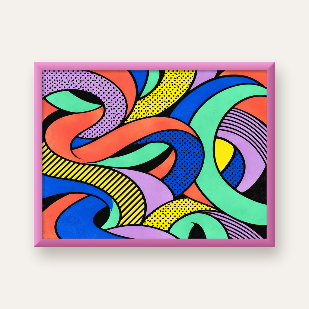 Renkli Pop Art Dalgalar Poster – Soyut Retro Duvar Dekoru — pembe çerçeveli