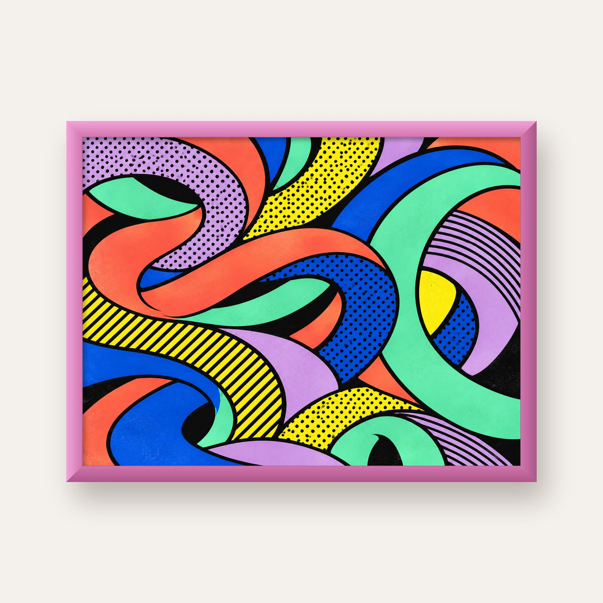 Renkli Pop Art Dalgalar Poster – Soyut Retro Duvar Dekoru — pembe çerçeveli