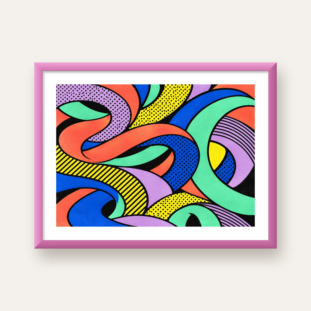 Renkli Pop Art Dalgalar Poster – Soyut Retro Duvar Dekoru — pembe çerçeveli paspartulu
