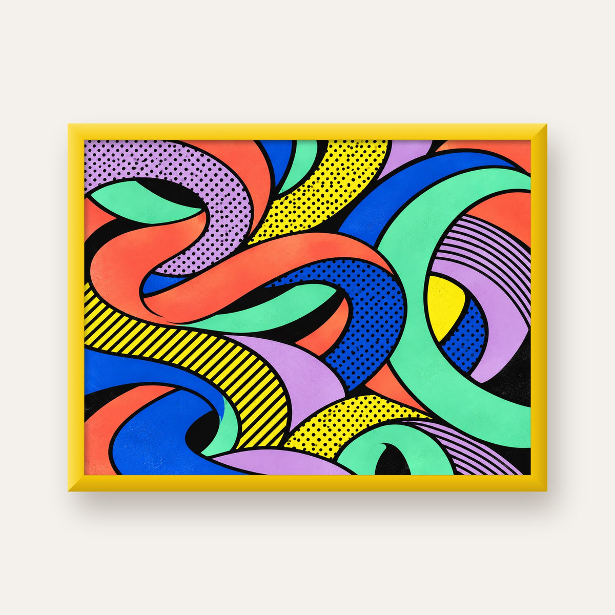 Renkli Pop Art Dalgalar Poster – Soyut Retro Duvar Dekoru — sarı çerçeveli