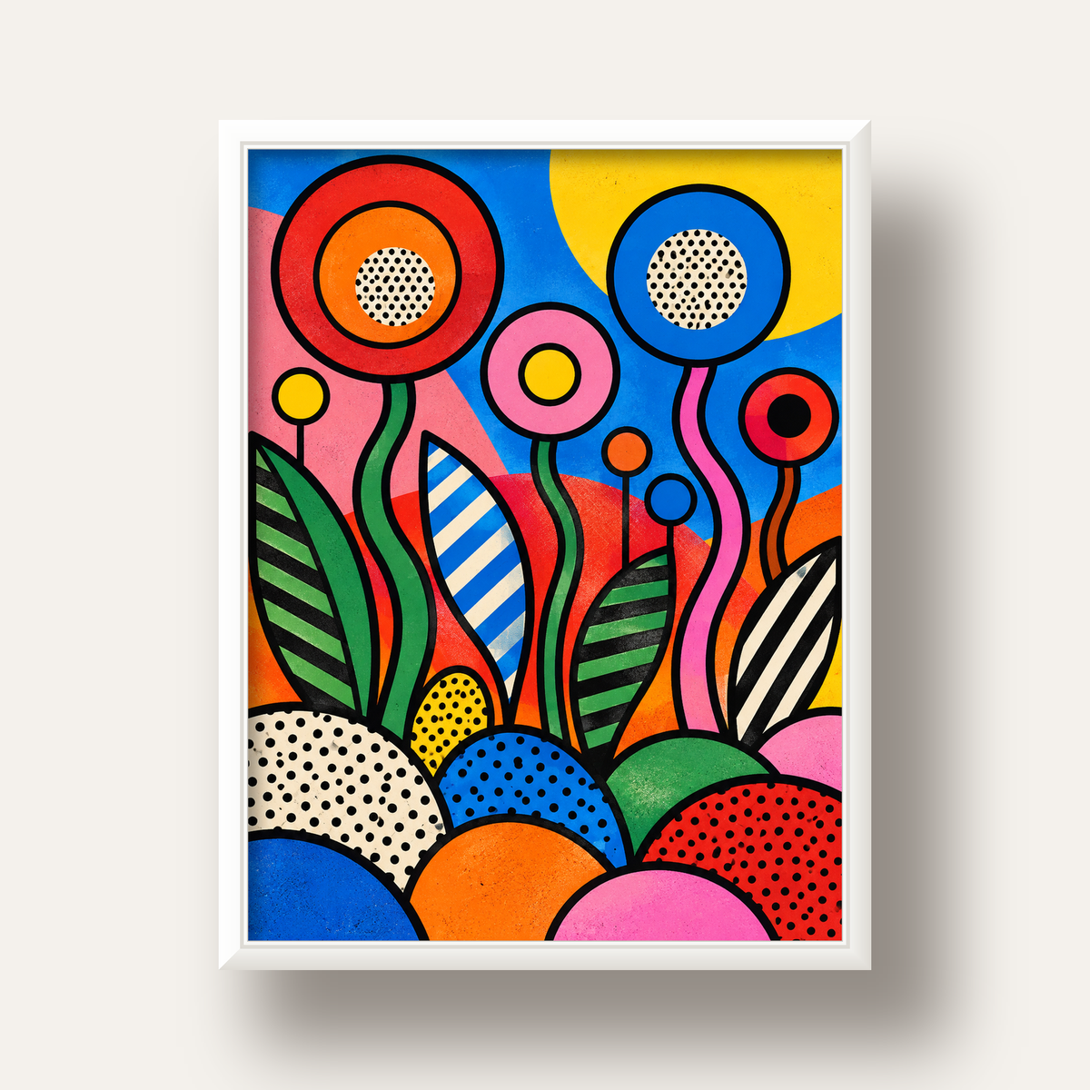 Renkli Soyut Çiçekler Pop Art Poster – Canlı Modern Duvar Dekoru — beyaz derin çerçeveli