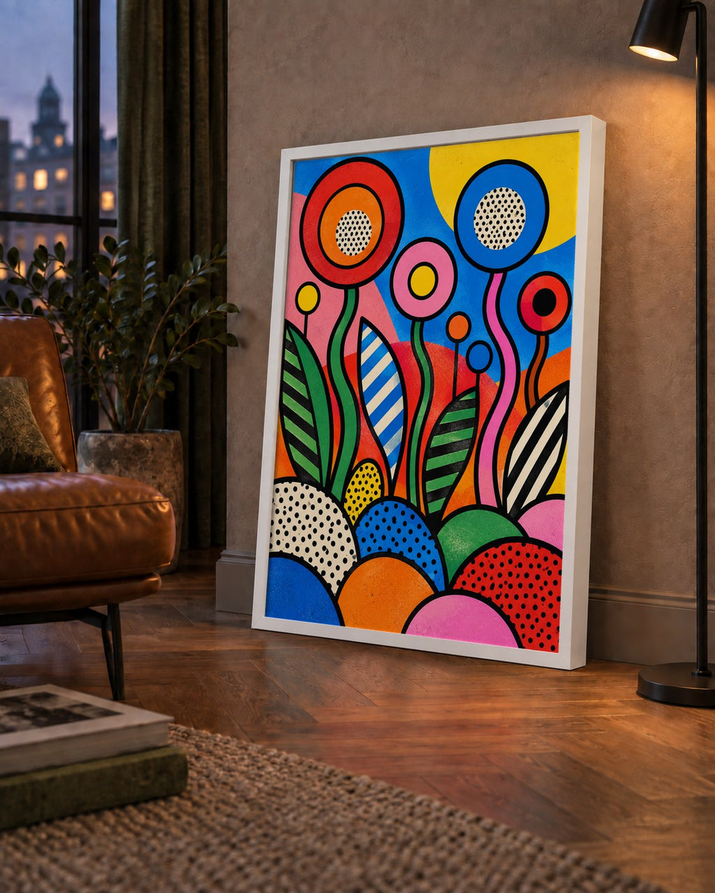 Renkli Soyut Çiçekler Pop Art Poster – Canlı Modern Duvar Dekoru — çerçeveli hâliyle bir ev duvarında