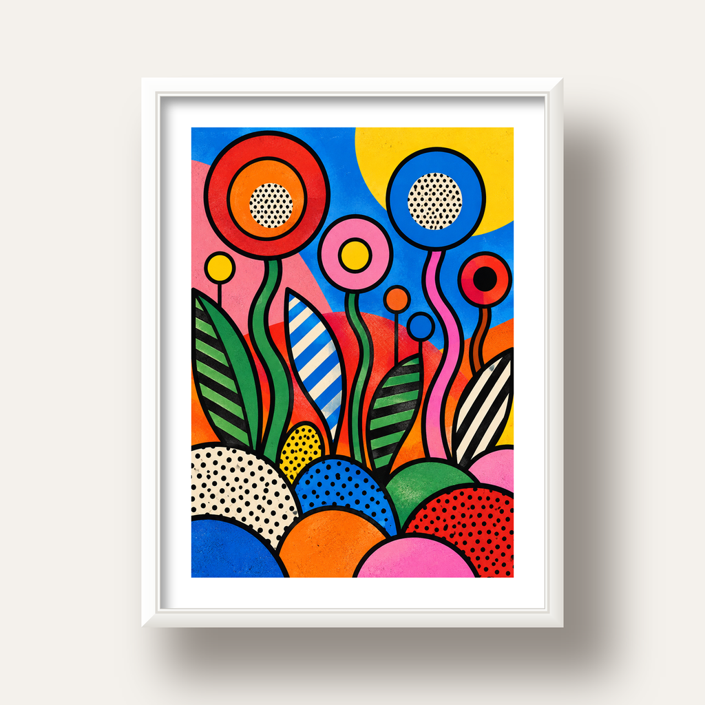 Renkli Soyut Çiçekler Pop Art Poster – Canlı Modern Duvar Dekoru — beyaz derin çerçeveli paspartulu