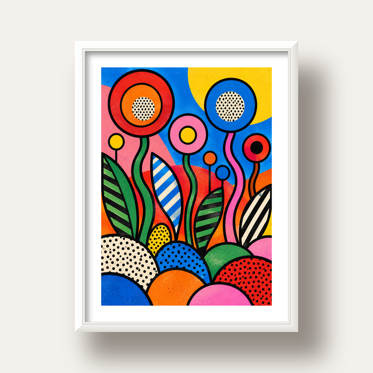Renkli Soyut Çiçekler Pop Art Poster – Canlı Modern Duvar Dekoru — beyaz derin çerçeveli paspartulu
