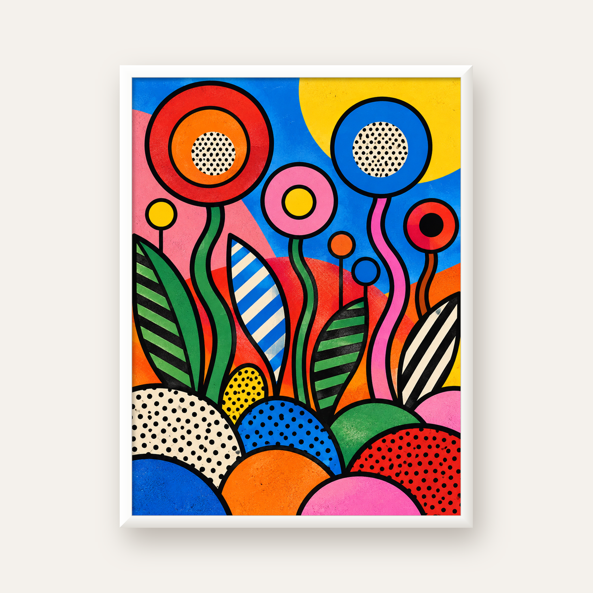 Renkli Soyut Çiçekler Pop Art Poster – Canlı Modern Duvar Dekoru — beyaz çerçeveli dikey poster