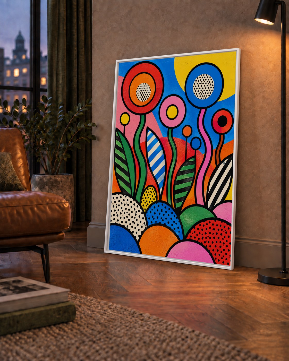 Renkli Soyut Çiçekler Pop Art Poster – Canlı Modern Duvar Dekoru — çerçeveli hâliyle bir ev duvarında