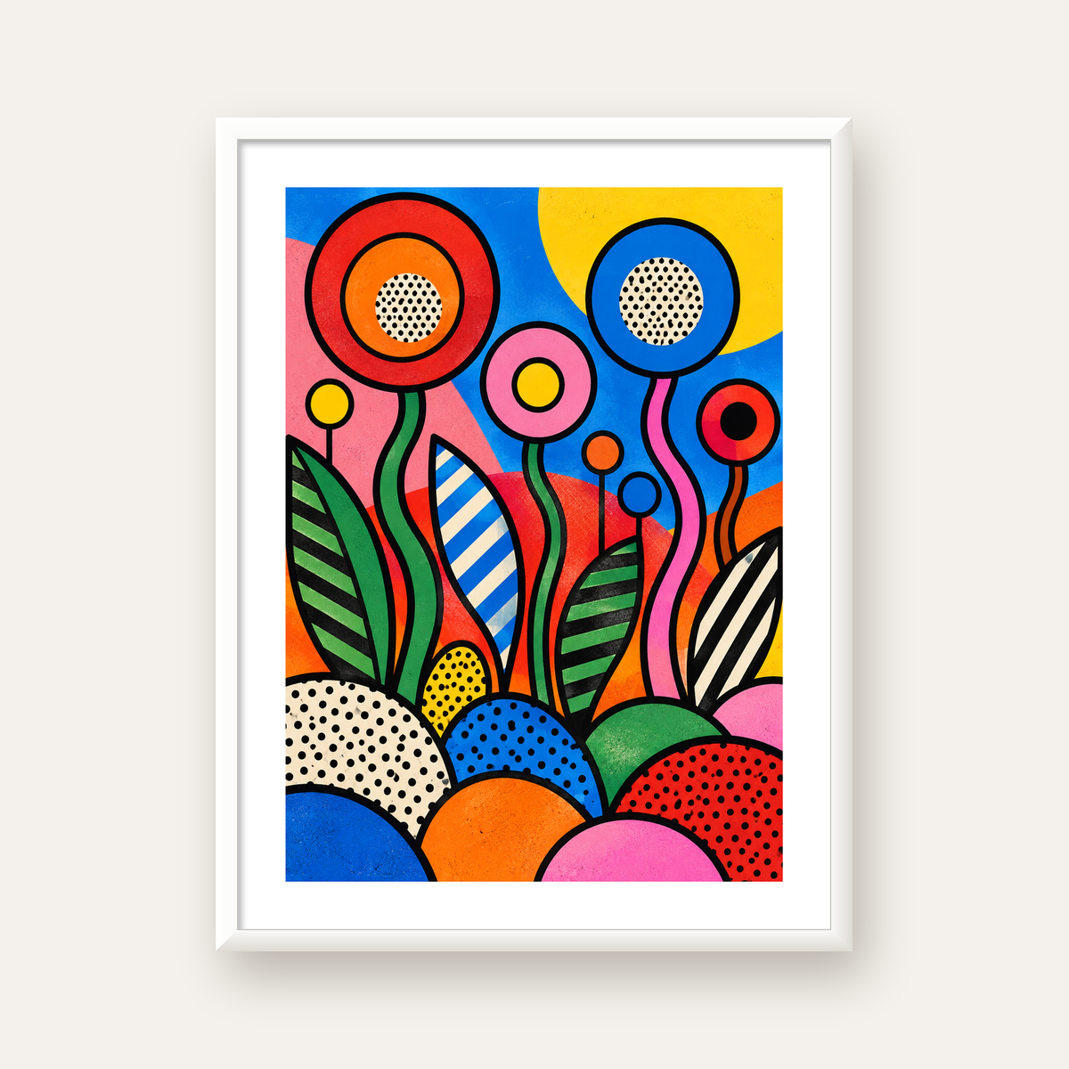 Renkli Soyut Çiçekler Pop Art Poster – Canlı Modern Duvar Dekoru — beyaz çerçeveli dikey poster