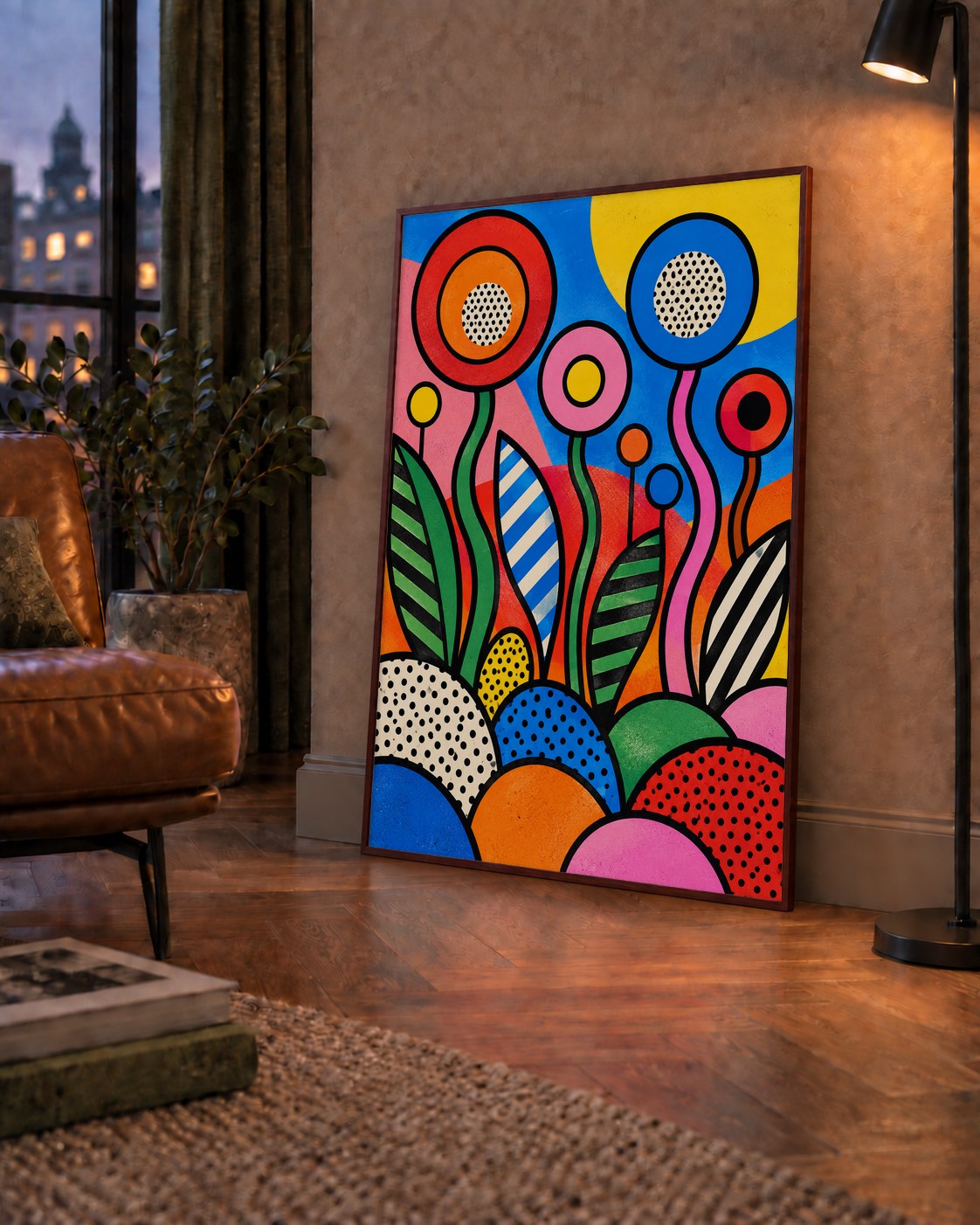 Renkli Soyut Çiçekler Pop Art Poster – Canlı Modern Duvar Dekoru — çerçeveli hâliyle bir ev duvarında