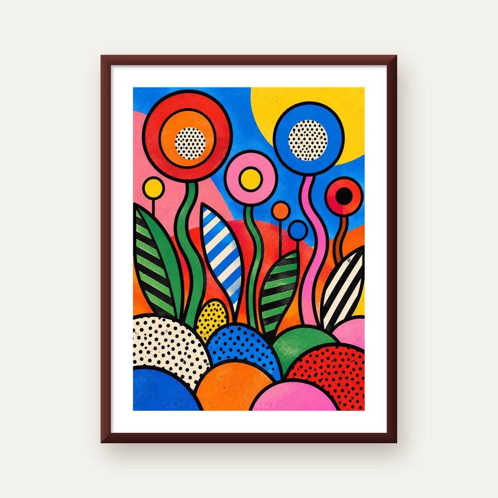 Renkli Soyut Çiçekler Pop Art Poster – Canlı Modern Duvar Dekoru — ceviz çerçeveli paspartulu