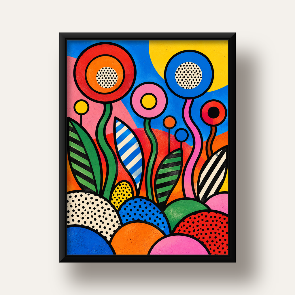 Renkli Soyut Çiçekler Pop Art Poster – Canlı Modern Duvar Dekoru — siyah derin çerçeveli