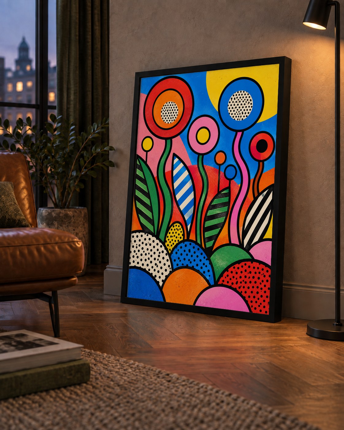 Renkli Soyut Çiçekler Pop Art Poster – Canlı Modern Duvar Dekoru — çerçeveli hâliyle bir ev duvarında