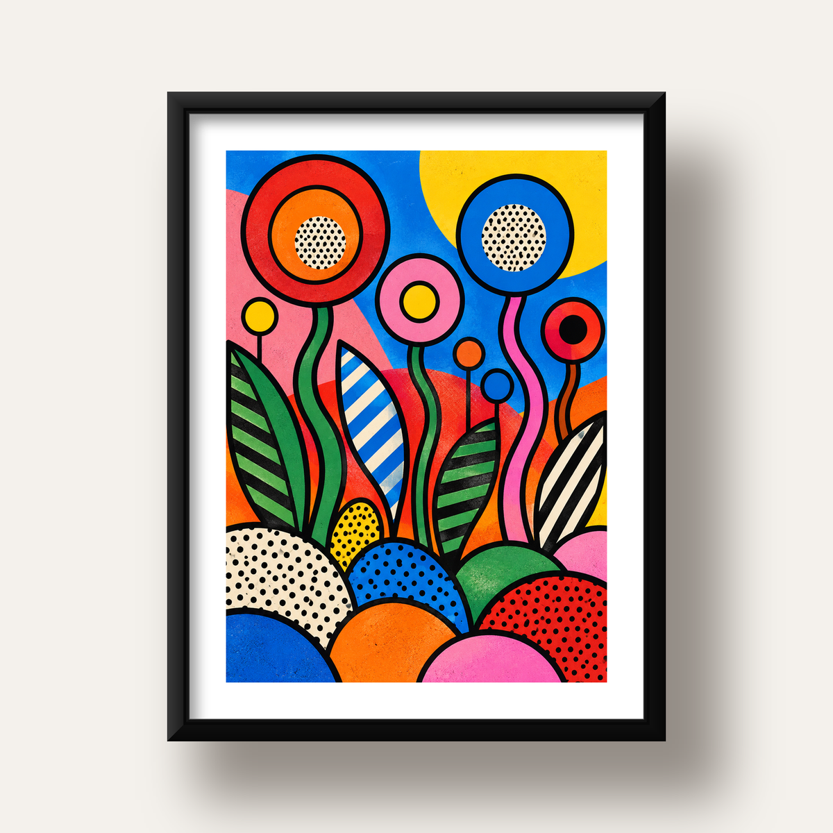 Renkli Soyut Çiçekler Pop Art Poster – Canlı Modern Duvar Dekoru — siyah derin çerçeveli paspartulu