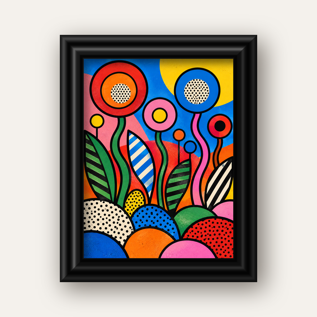 Renkli Soyut Çiçekler Pop Art Poster – Canlı Modern Duvar Dekoru — siyah galeri çerçeveli