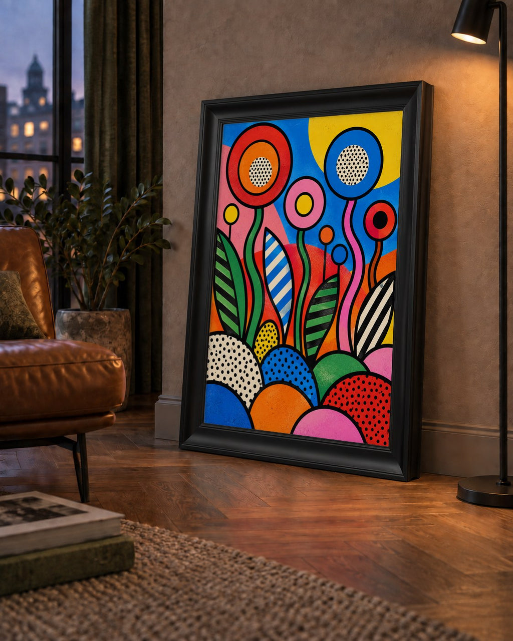 Renkli Soyut Çiçekler Pop Art Poster – Canlı Modern Duvar Dekoru — çerçeveli hâliyle bir ev duvarında