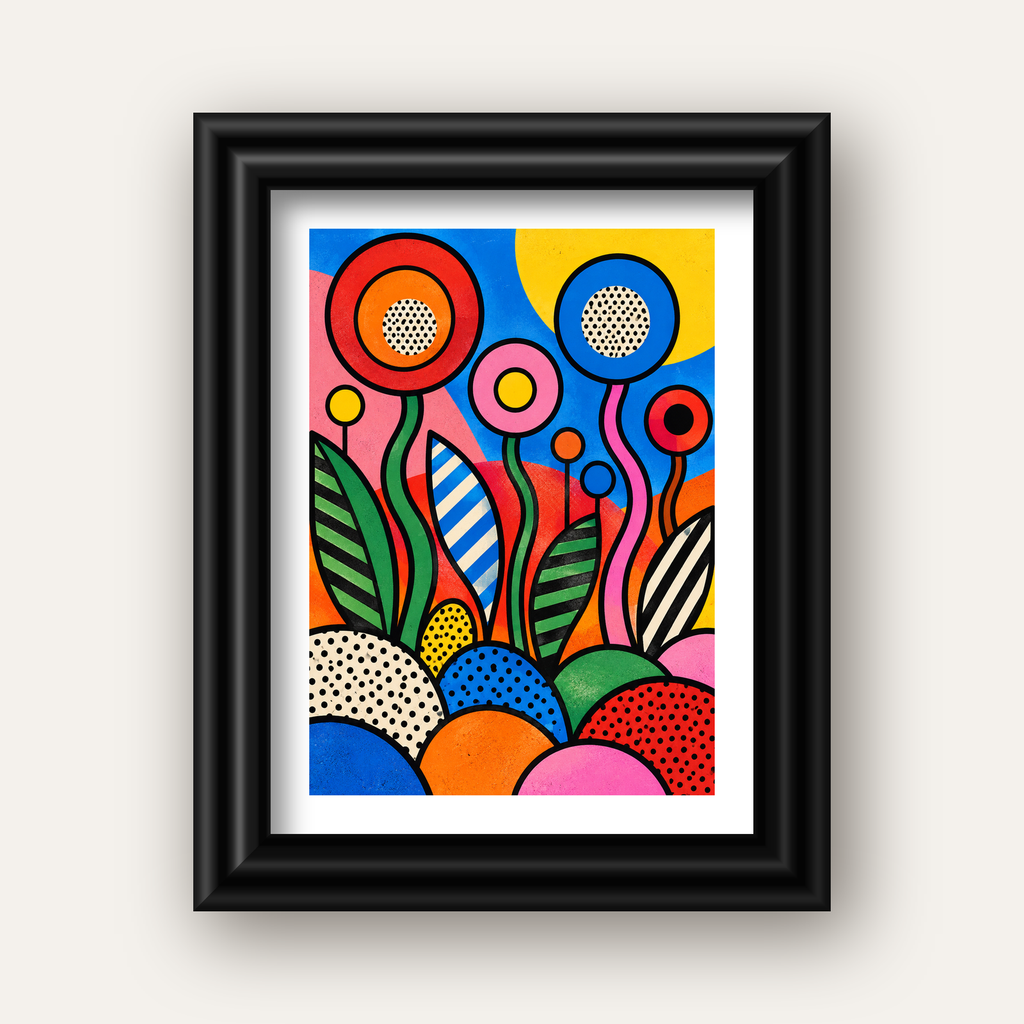 Renkli Soyut Çiçekler Pop Art Poster – Canlı Modern Duvar Dekoru — siyah galeri çerçeveli paspartulu