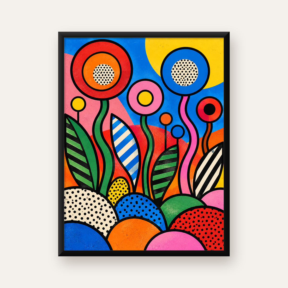 Renkli Soyut Çiçekler Pop Art Poster – Canlı Modern Duvar Dekoru — Dikey baskı, düz siyah çerçeveli duvar posteri