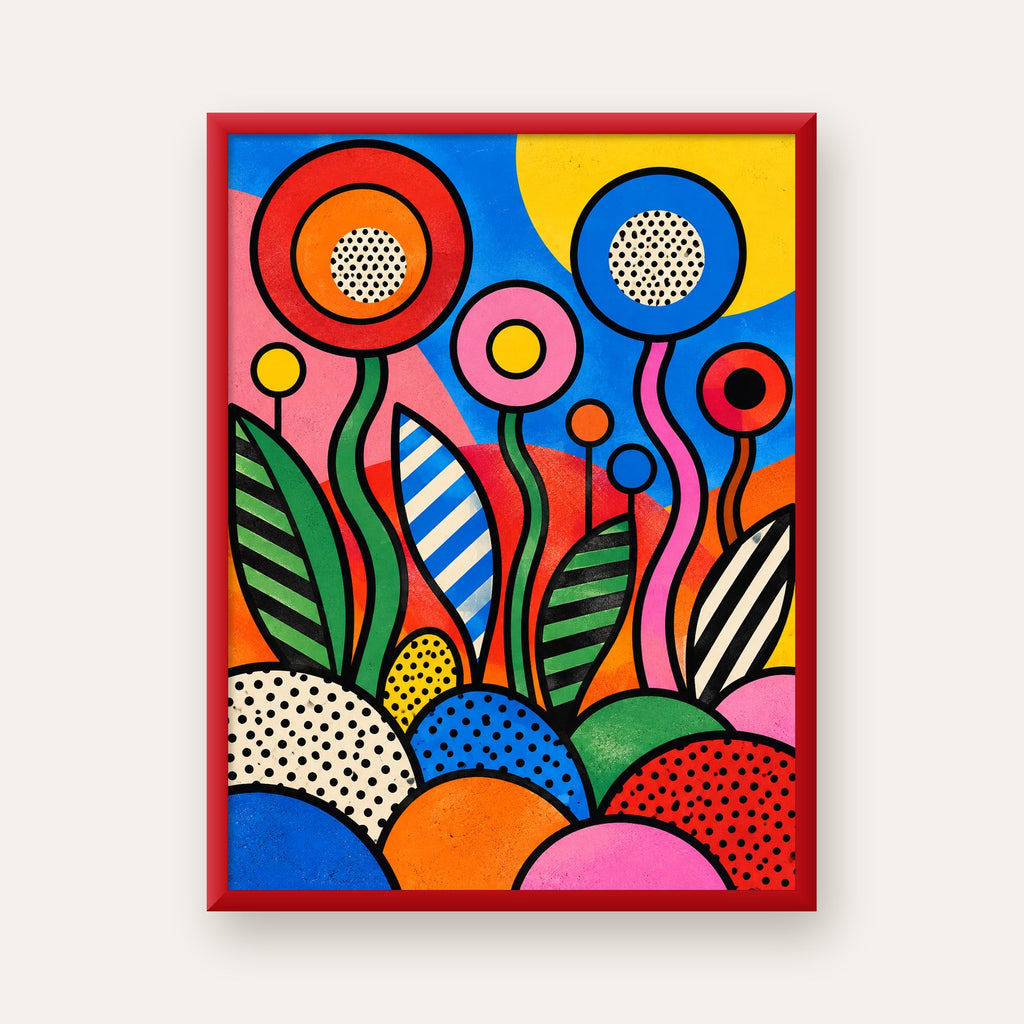 Renkli Soyut Çiçekler Pop Art Poster – Canlı Modern Duvar Dekoru — kırmızı çerçeveli