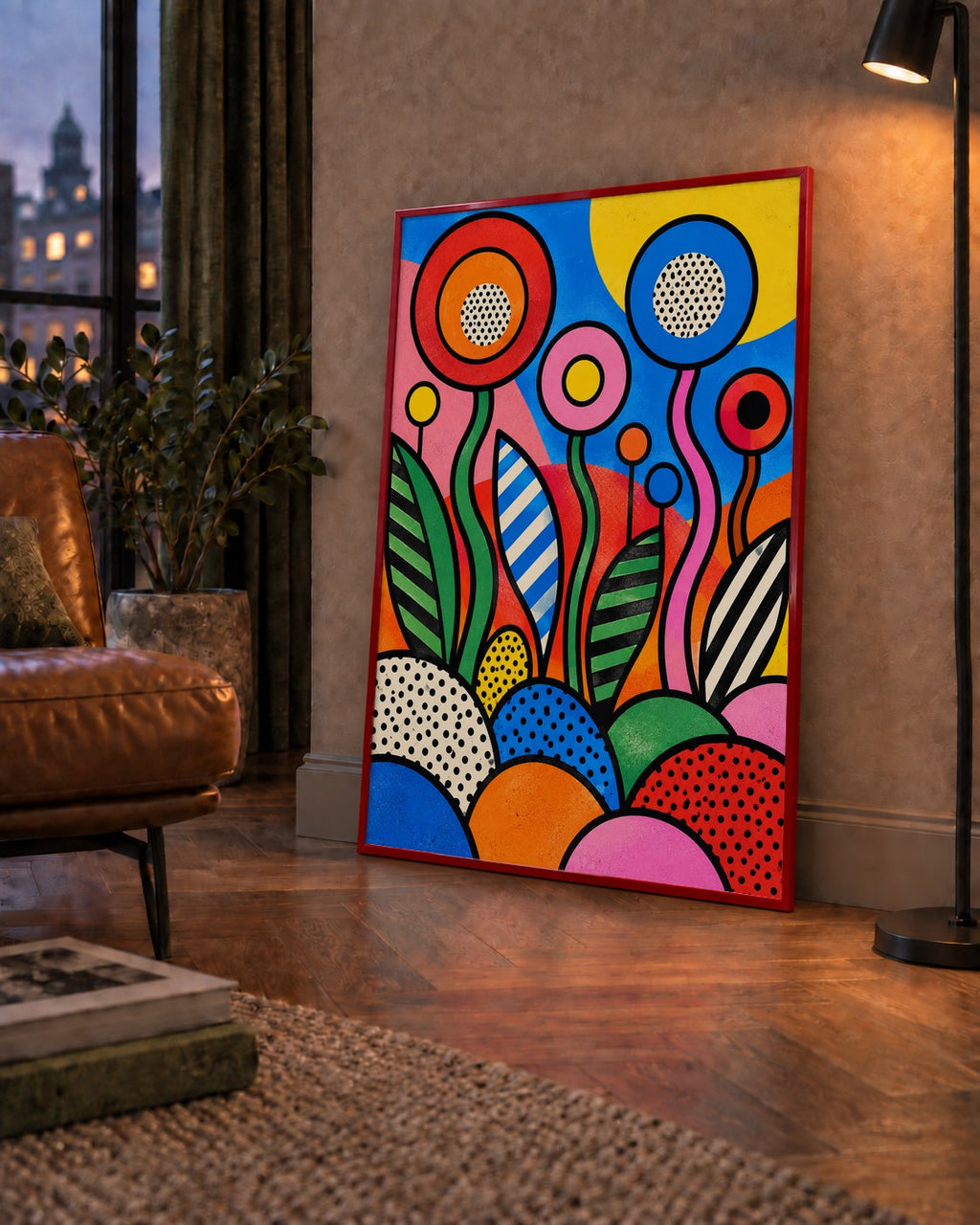 Renkli Soyut Çiçekler Pop Art Poster – Canlı Modern Duvar Dekoru — çerçeveli hâliyle bir ev duvarında