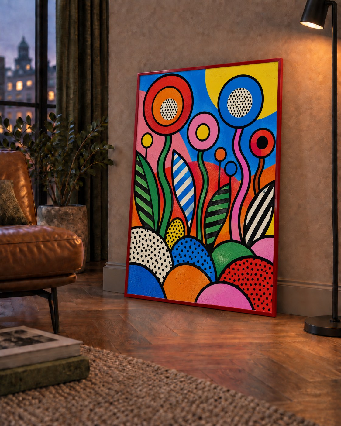 Renkli Soyut Çiçekler Pop Art Poster – Canlı Modern Duvar Dekoru — çerçeveli hâliyle bir ev duvarında