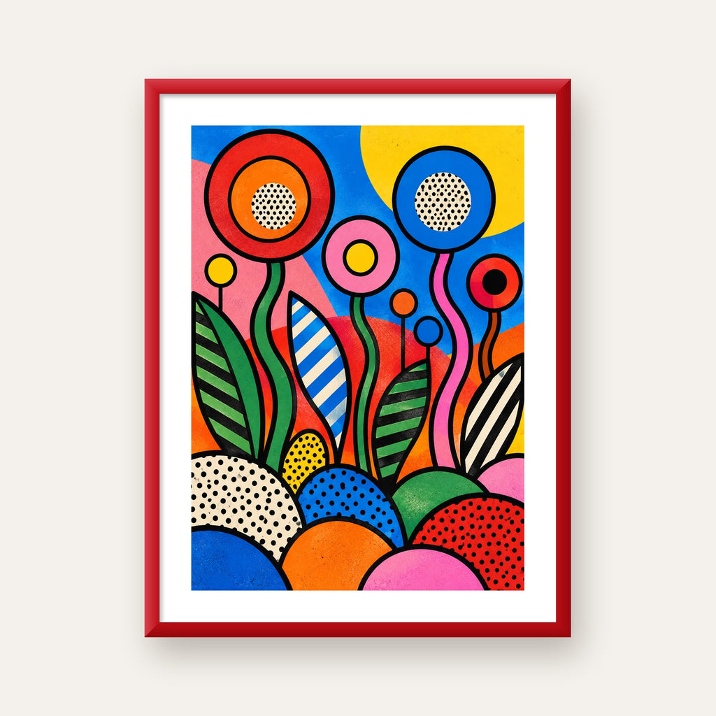 Renkli Soyut Çiçekler Pop Art Poster – Canlı Modern Duvar Dekoru — kırmızı çerçeveli paspartulu