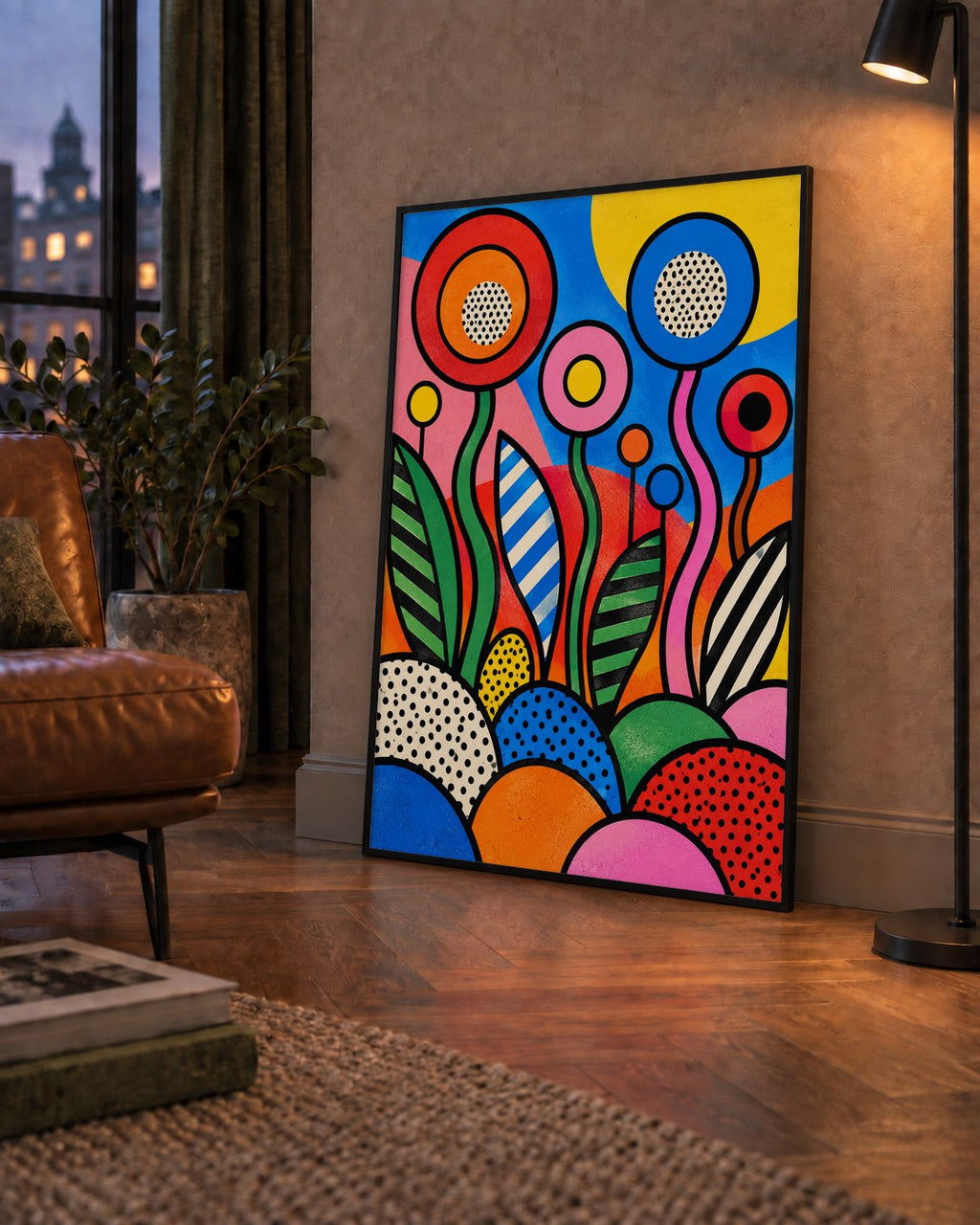 Renkli Soyut Çiçekler Pop Art Poster – Canlı Modern Duvar Dekoru — çerçeveli hâliyle bir ev duvarında
