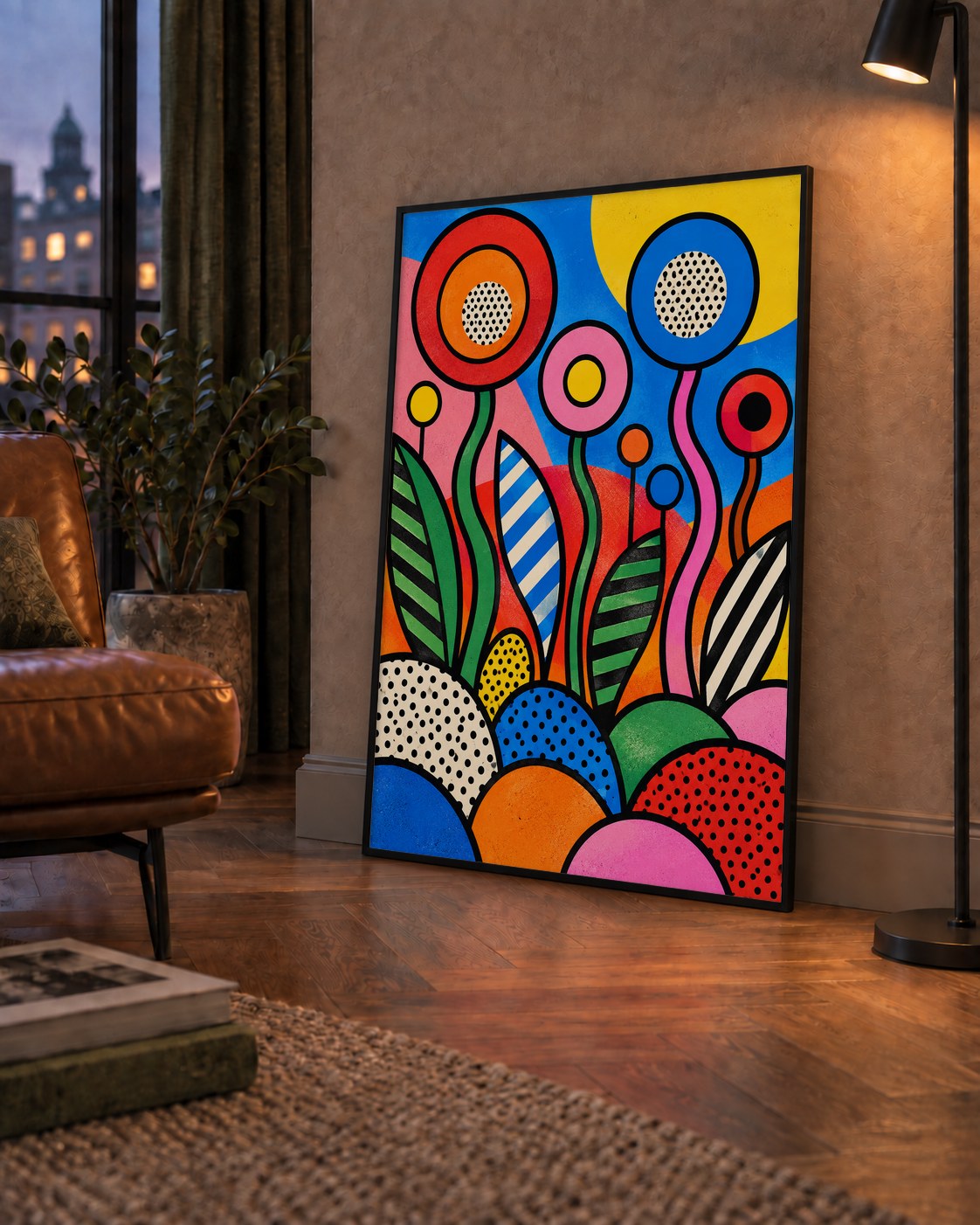 Renkli Soyut Çiçekler Pop Art Poster – Canlı Modern Duvar Dekoru — çerçeveli hâliyle bir ev duvarında