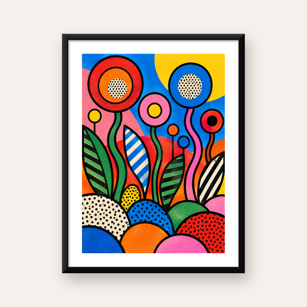 Renkli Soyut Çiçekler Pop Art Poster – Canlı Modern Duvar Dekoru — Dikey baskı, beyaz paspartulu