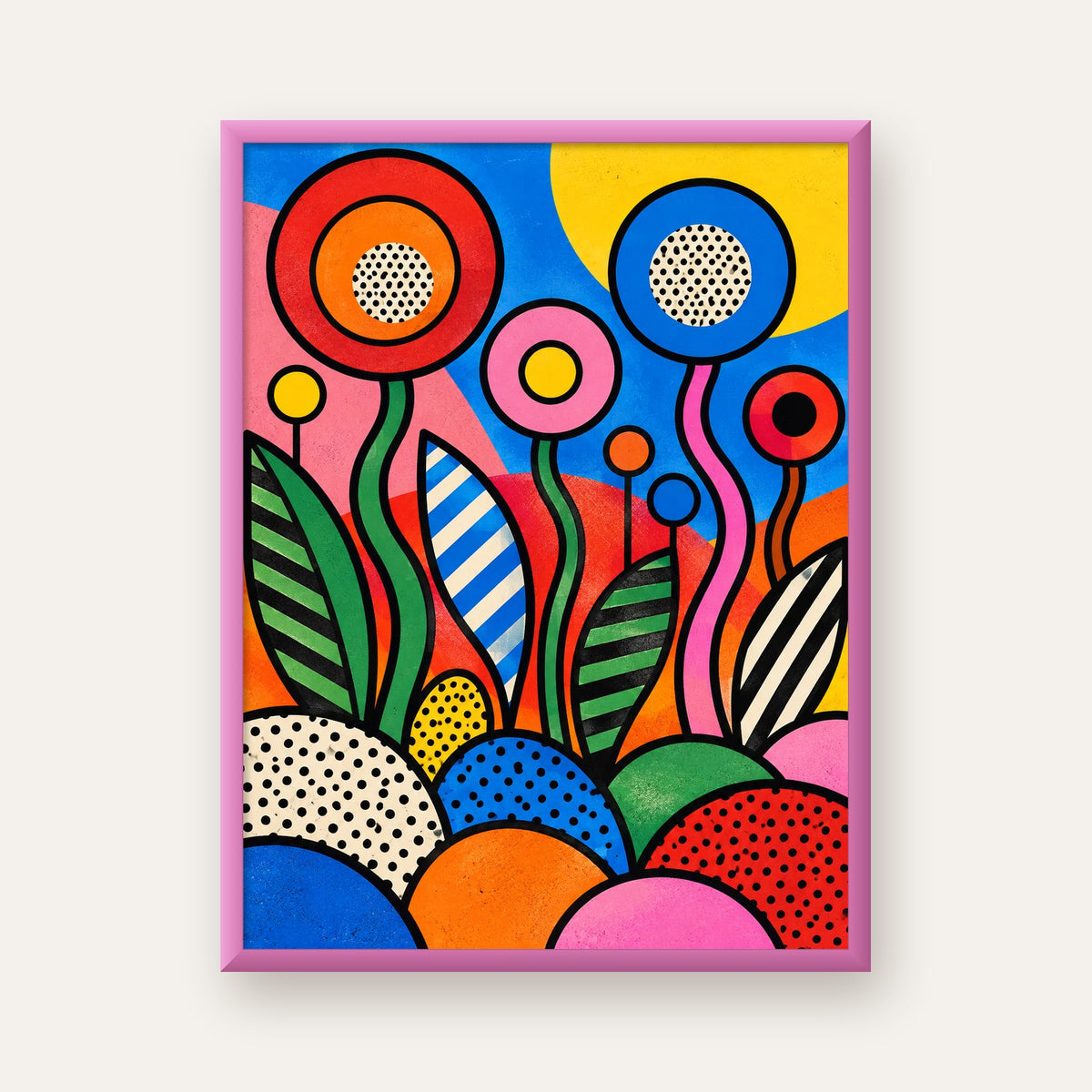 Renkli Soyut Çiçekler Pop Art Poster – Canlı Modern Duvar Dekoru — pembe çerçeveli