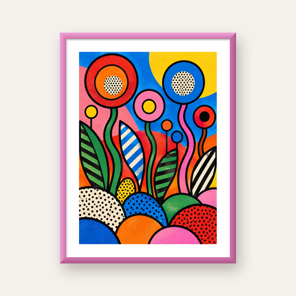 Renkli Soyut Çiçekler Pop Art Poster – Canlı Modern Duvar Dekoru — pembe çerçeveli paspartulu