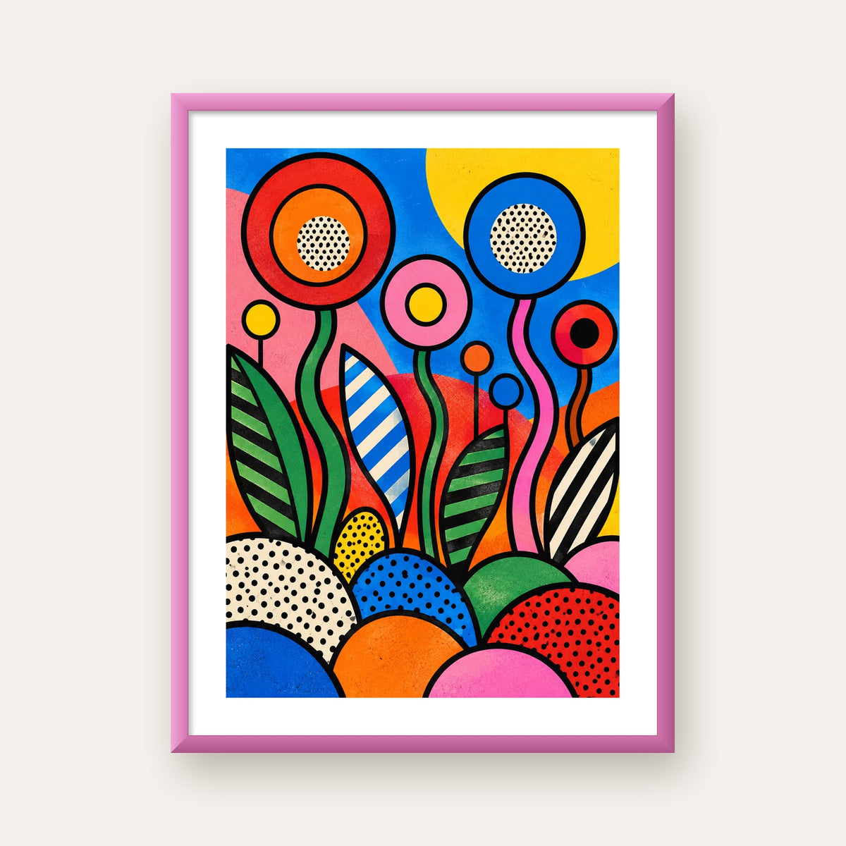 Renkli Soyut Çiçekler Pop Art Poster – Canlı Modern Duvar Dekoru — pembe çerçeveli paspartulu