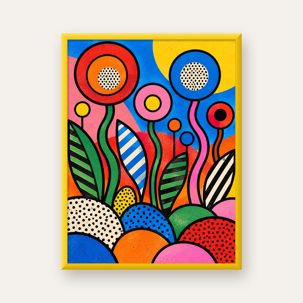 Renkli Soyut Çiçekler Pop Art Poster – Canlı Modern Duvar Dekoru — sarı çerçeveli