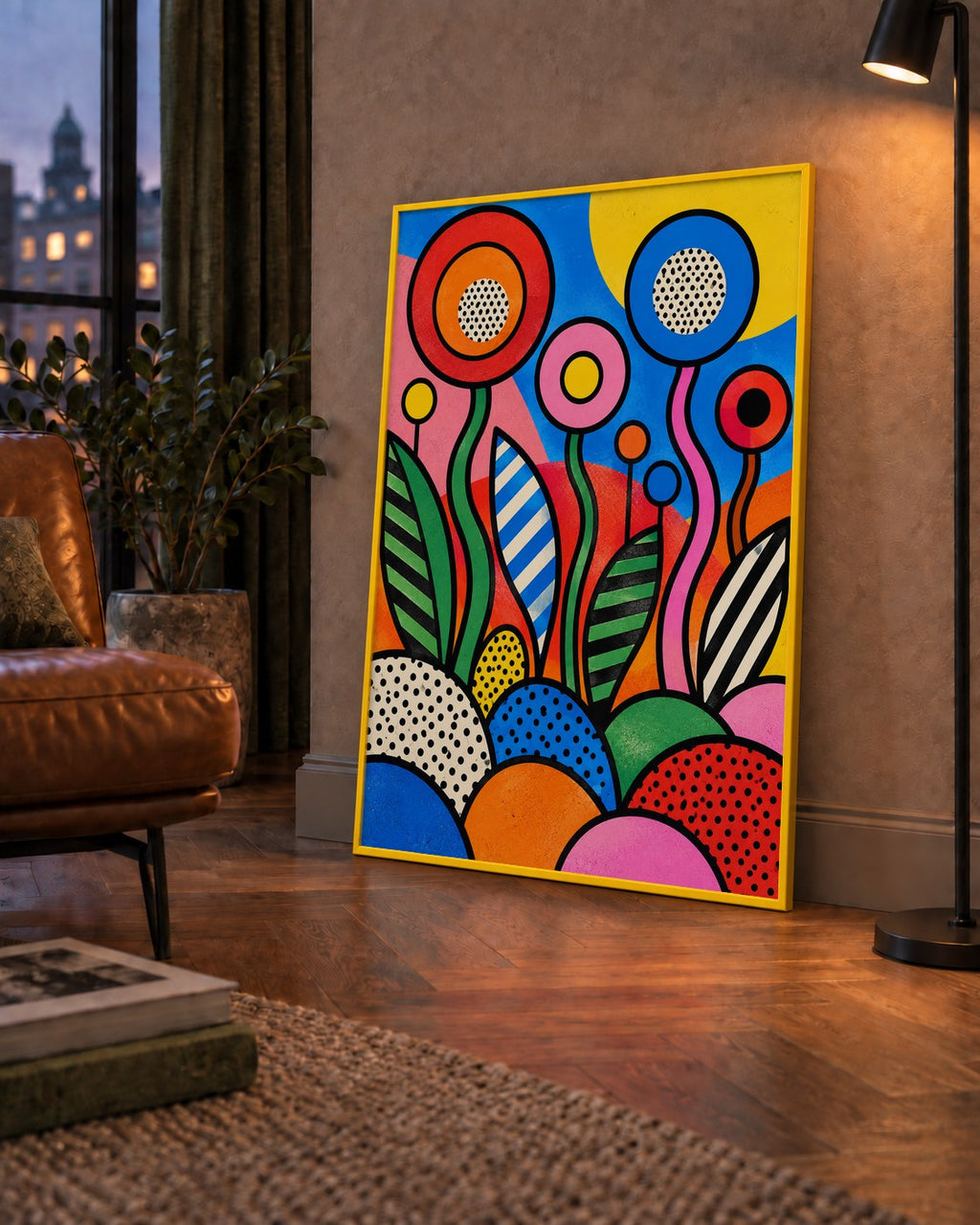 Renkli Soyut Çiçekler Pop Art Poster – Canlı Modern Duvar Dekoru — çerçeveli hâliyle bir ev duvarında
