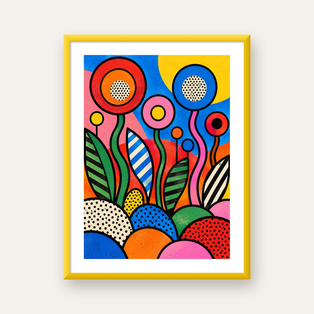 Renkli Soyut Çiçekler Pop Art Poster – Canlı Modern Duvar Dekoru — sarı çerçeveli paspartulu
