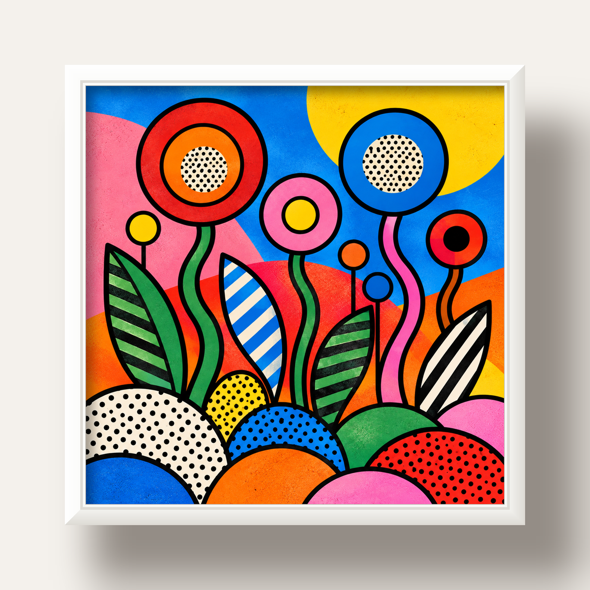 Renkli Soyut Çiçekler Pop Art Poster – Canlı Modern Duvar Dekoru — beyaz derin çerçeveli