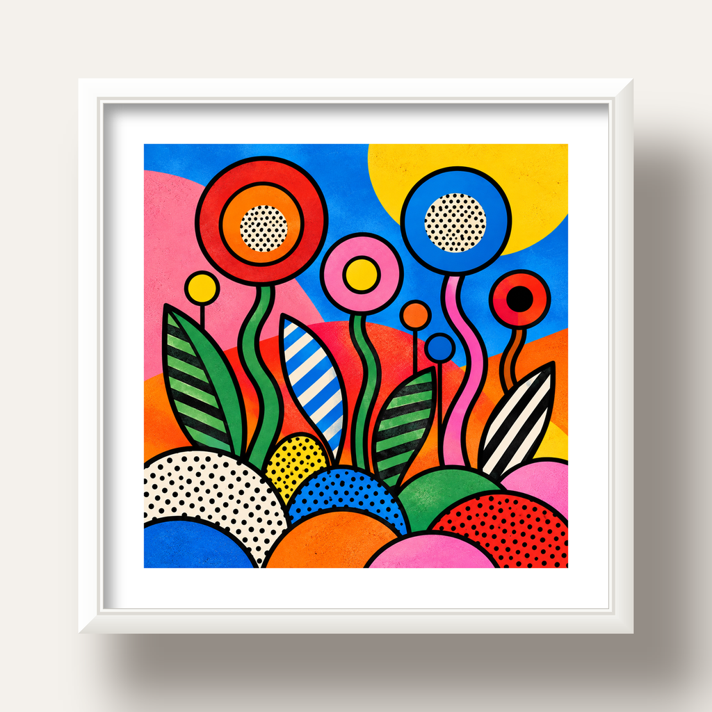 Renkli Soyut Çiçekler Pop Art Poster – Canlı Modern Duvar Dekoru — beyaz derin çerçeveli paspartulu