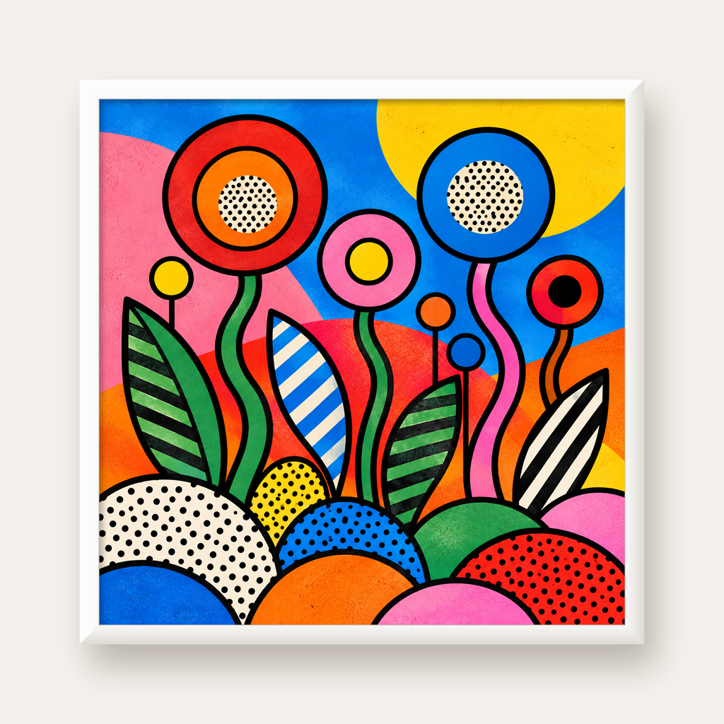 Renkli Soyut Çiçekler Pop Art Poster – Canlı Modern Duvar Dekoru — beyaz çerçeveli kare poster