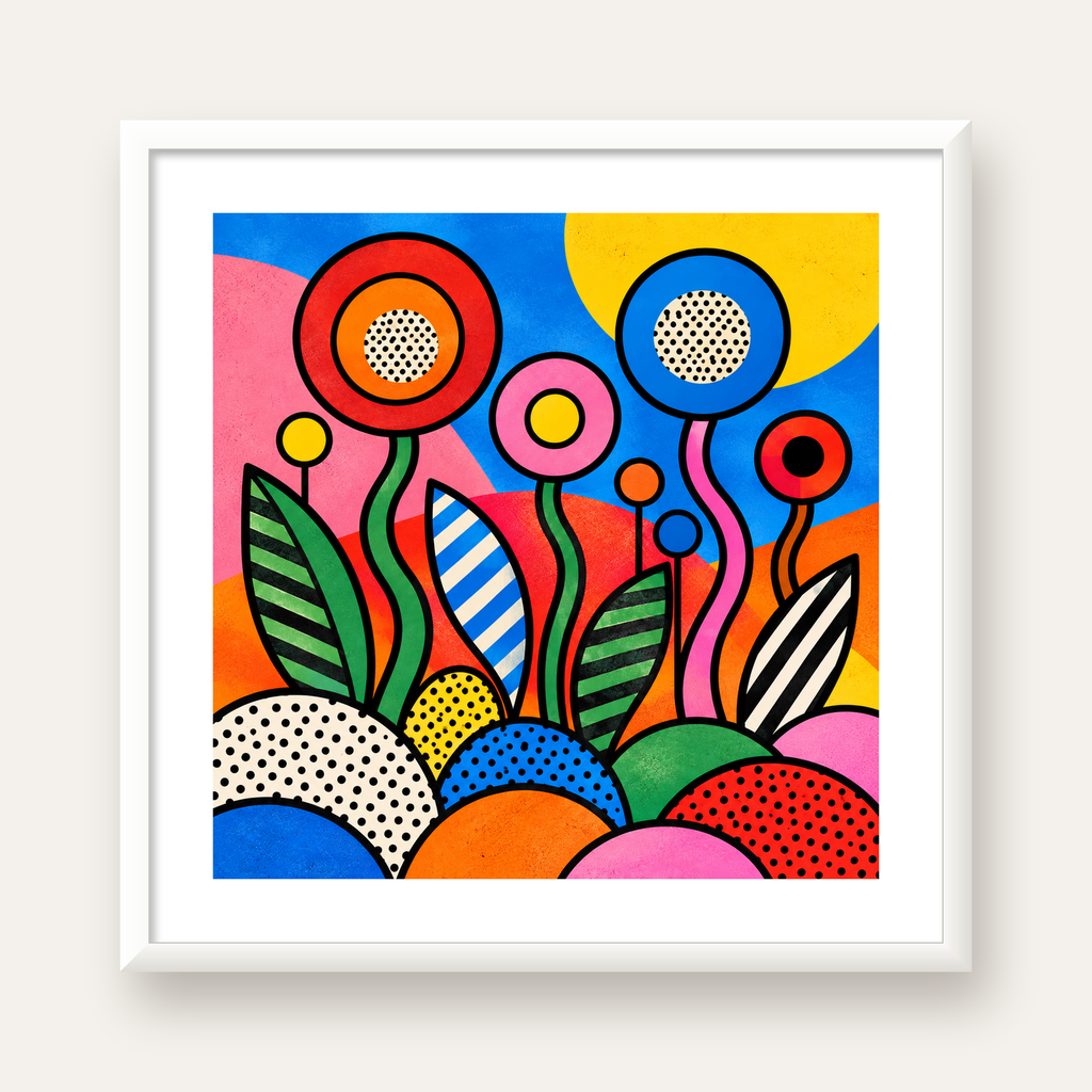 Renkli Soyut Çiçekler Pop Art Poster – Canlı Modern Duvar Dekoru — beyaz çerçeveli kare poster