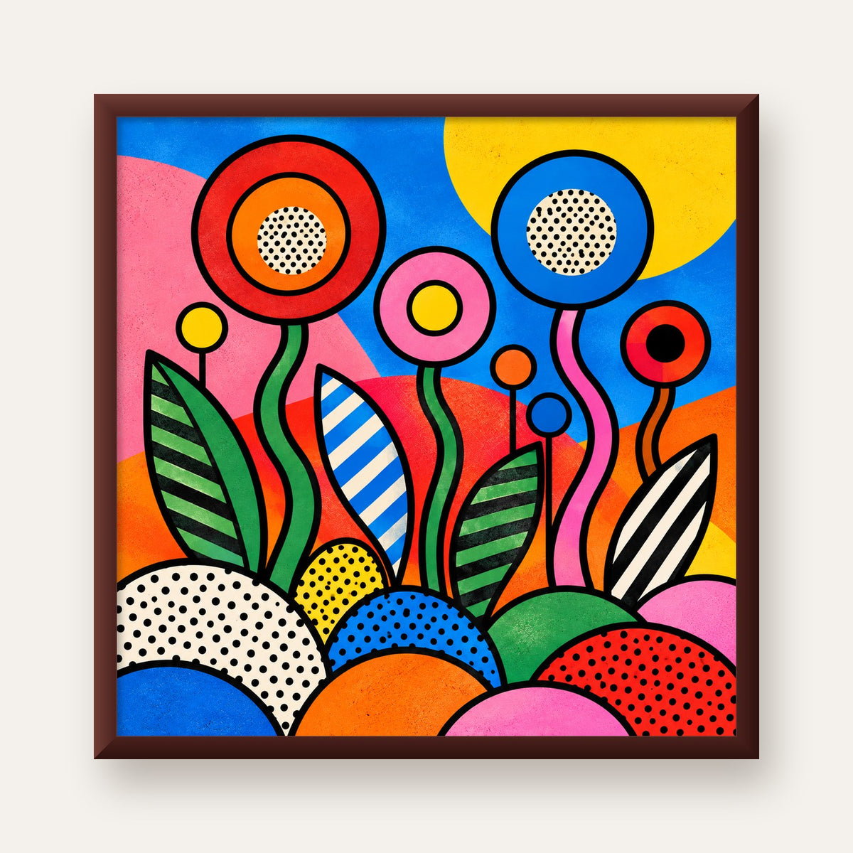 Renkli Soyut Çiçekler Pop Art Poster – Canlı Modern Duvar Dekoru — ceviz çerçeveli
